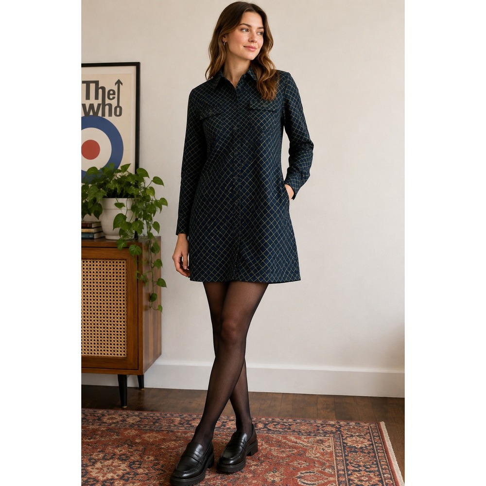 Ben Sherman Navy Blue Yellow Grid Cotton Long Sleeve Button Front Shirt Dress XL